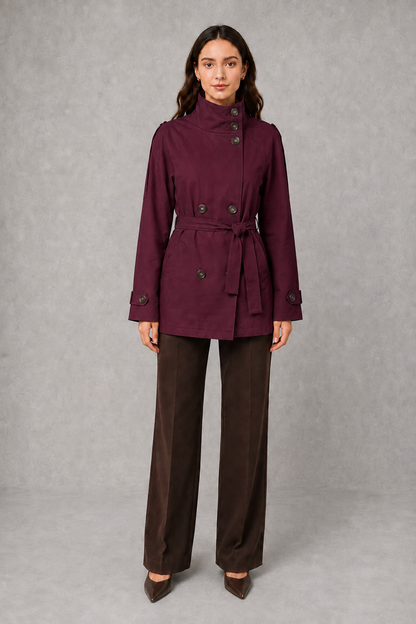 Women's Cropped Double-Breasted Belted Jacket High Collar - Image 4