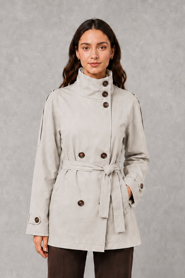Women's Cropped Double-Breasted Belted Jacket High Collar - Image 5