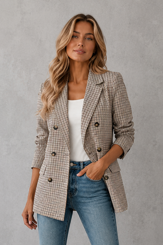 Women Double-Breasted Plaid Blazer Long Sleeve Tailored