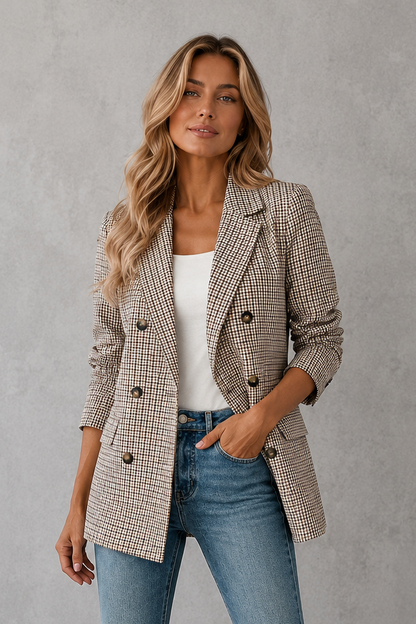 Women Double-Breasted Plaid Blazer Long Sleeve Tailored