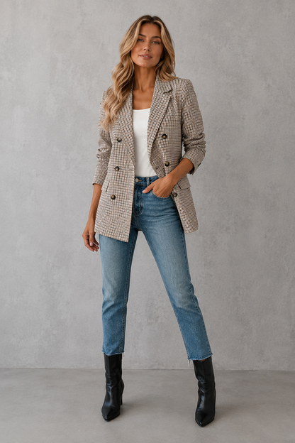 Women Double-Breasted Plaid Blazer Long Sleeve Tailored - Image 5