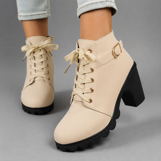 Women's Combat Boots – Chunky Heel Lace-Up Ankle Boots with Buckle for Everyday Wear
