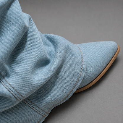 Women Denim Knee High Block Heel Boots Pointed Toe - Image 3