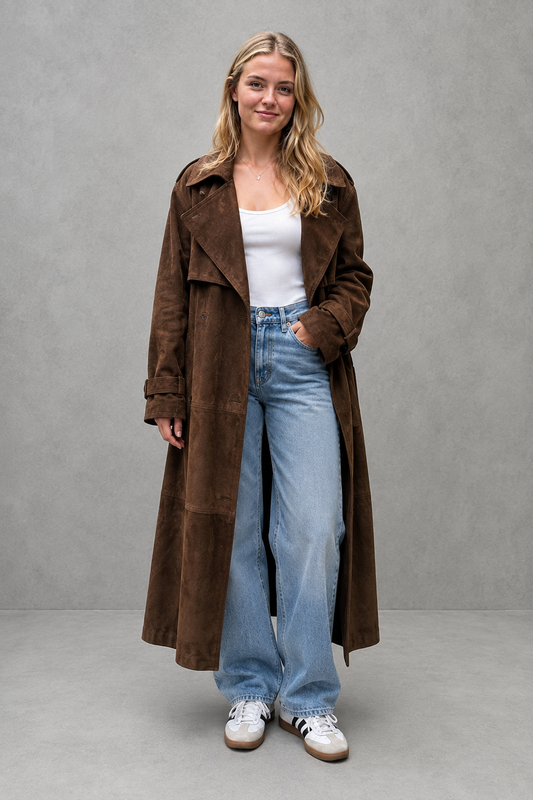 Women Velvet Trench Coat Long Belted Duster