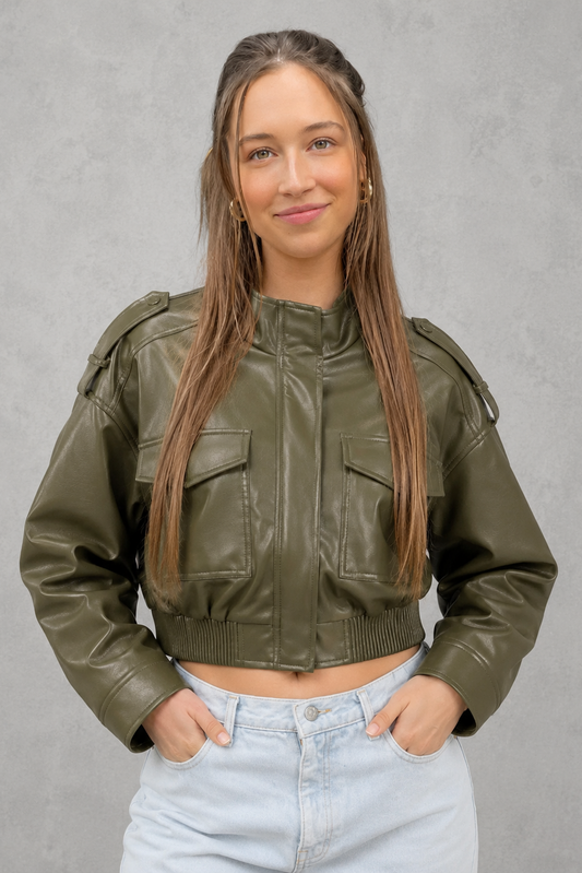 Women's Faux Leather Bomber Jacket – Lightweight Cropped Casual Jacket with Pockets
