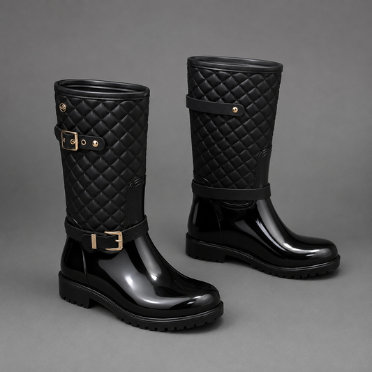 Women's Waterproof Rain Boots – Quilted Plaid Slip-On Mid-Calf Wellington Boots