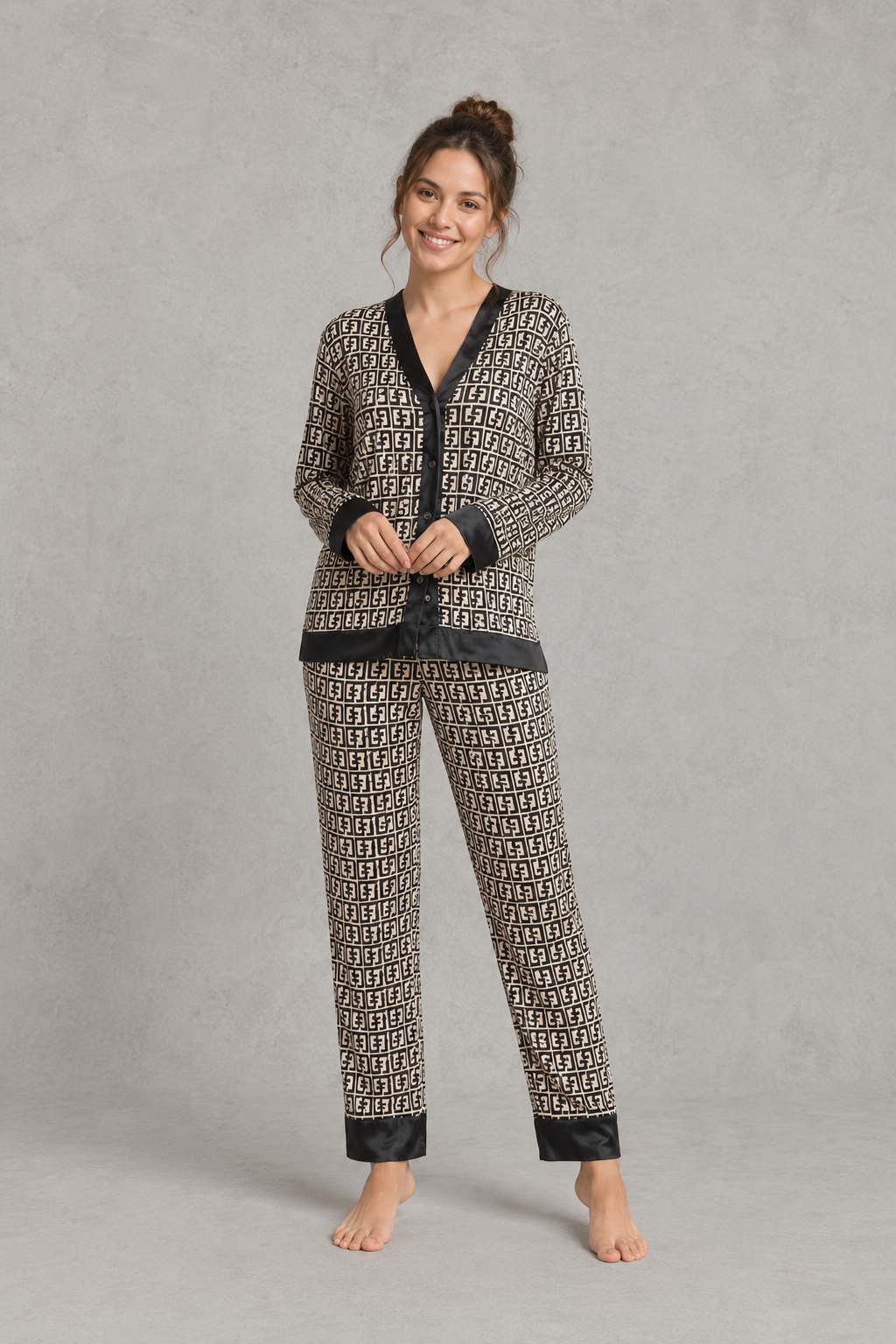 Women Satin Pyjama Set 2 Piece Long Sleeve Button-Up