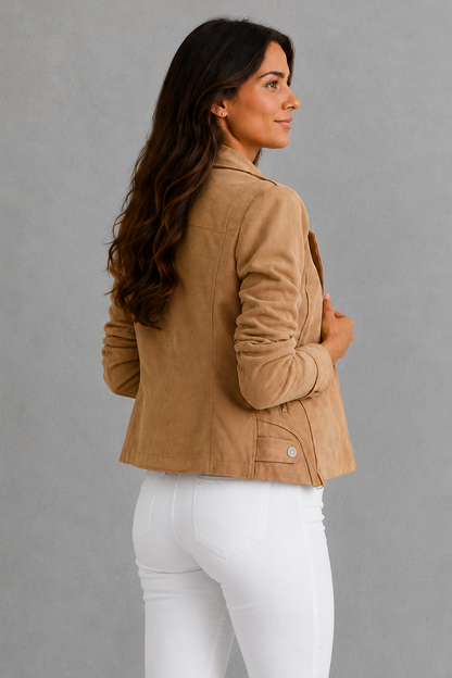 Women Suede Cropped Tailored Jacket - Image 3