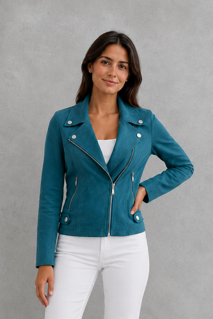 Women Suede Cropped Tailored Jacket - Image 6