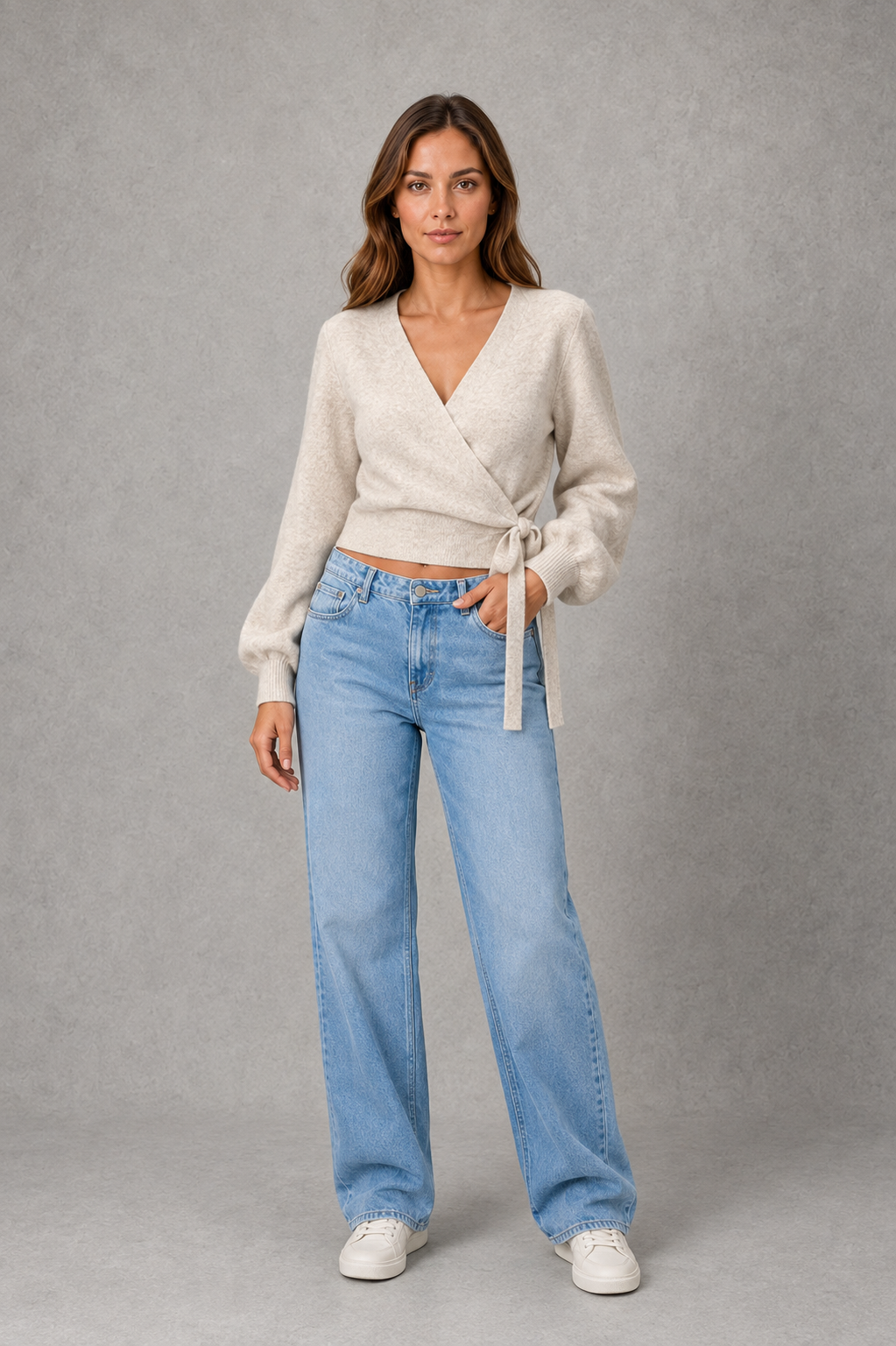 Women Knit Wrap V-Neck Long Sleeve Sweater - Image 5