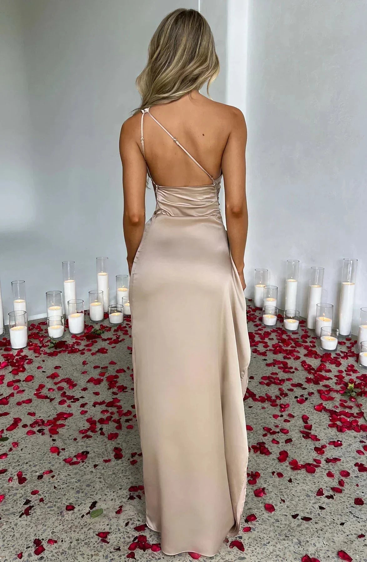 Women One Shoulder High Slit Draped Formal Maxi Dress - Image 6