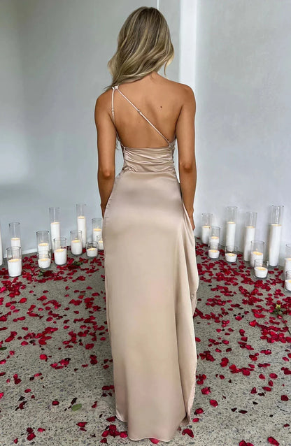 Women One Shoulder High Slit Draped Formal Maxi Dress - Image 6