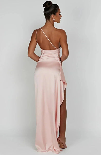 Women One Shoulder High Slit Draped Formal Maxi Dress - Image 8