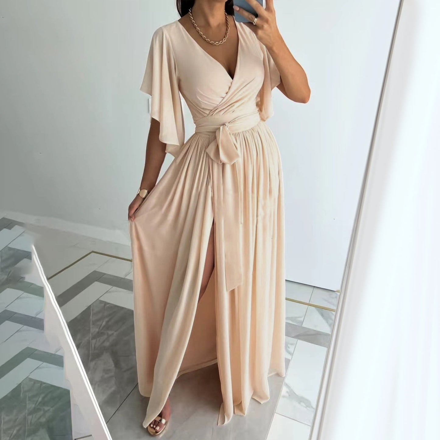 Elarisse – Wrap Flutter Sleeve Maxi Dress