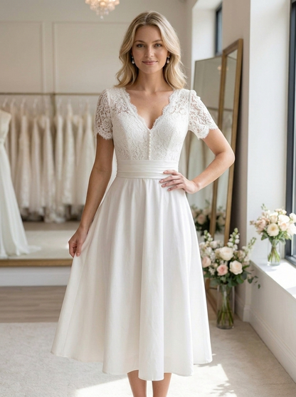 Vilaisse – Robe de mariage midi à manches courtes et col en V