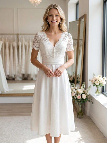 Vilaisse – Robe de mariage midi à manches courtes et col en V