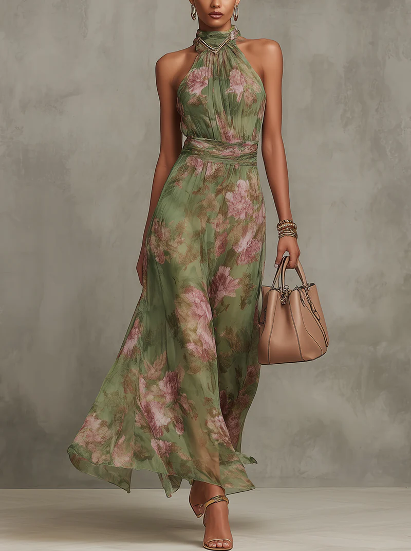 Women Halterneck Floral Maxi Dress Sleeveless Summer
