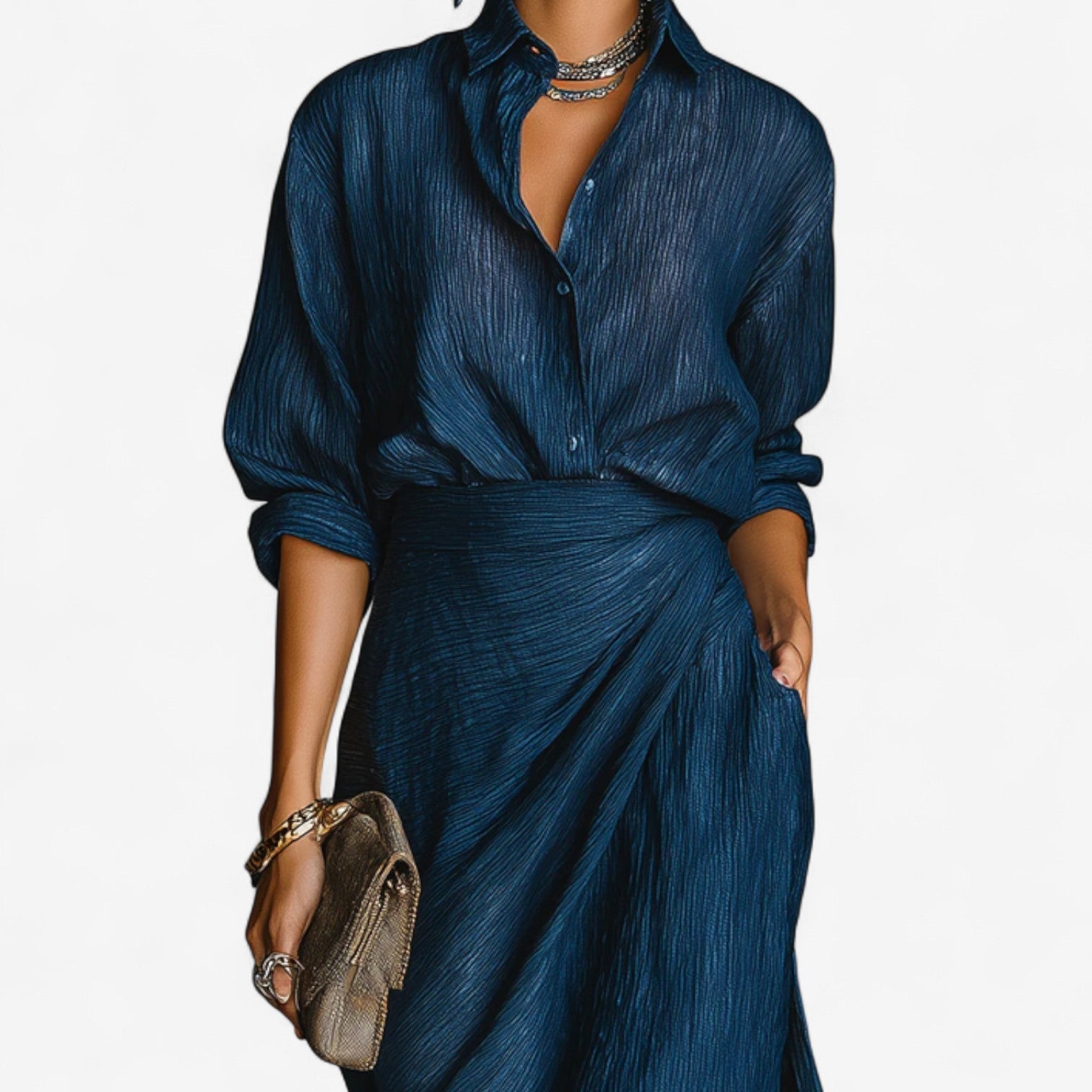 Women Elegant Button Front Long Sleeve Formal Maxi Dress - Image 3