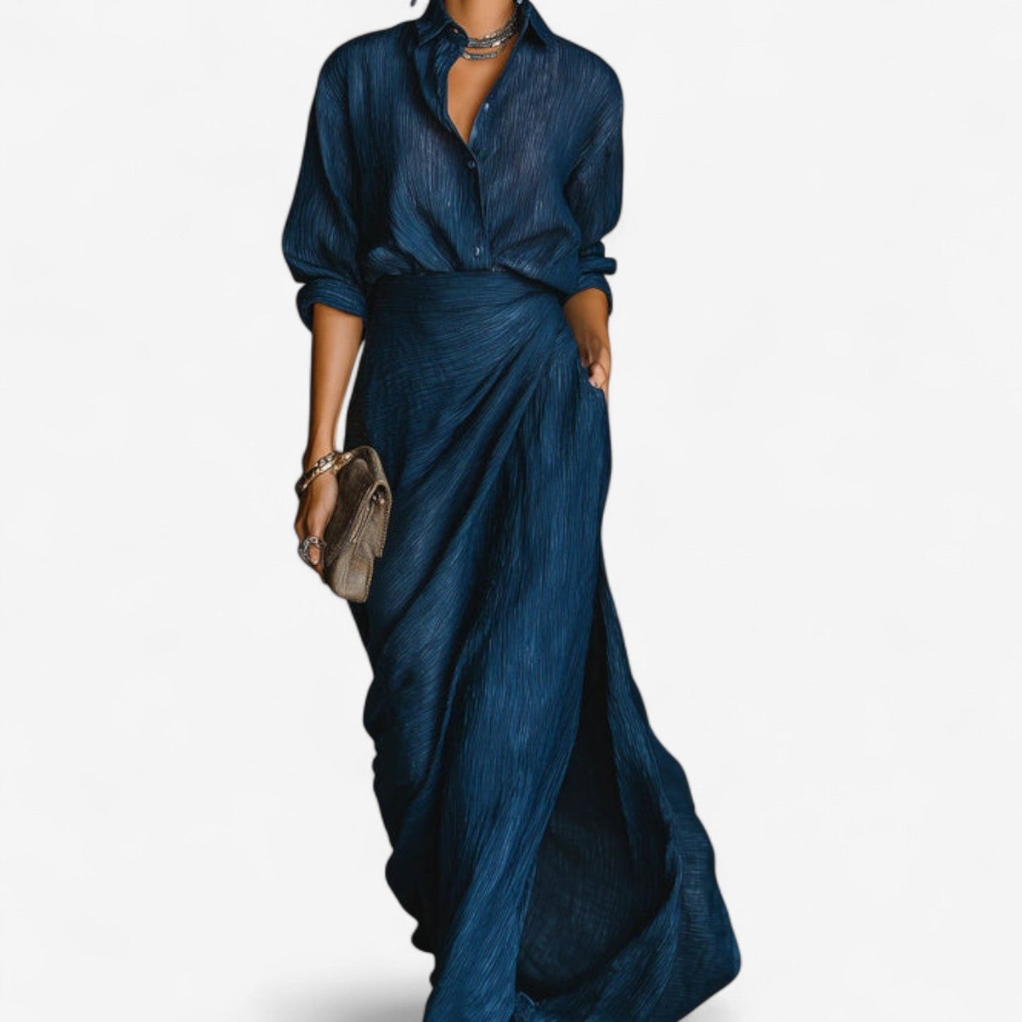 Women Elegant Button Front Long Sleeve Formal Maxi Dress - Image 4