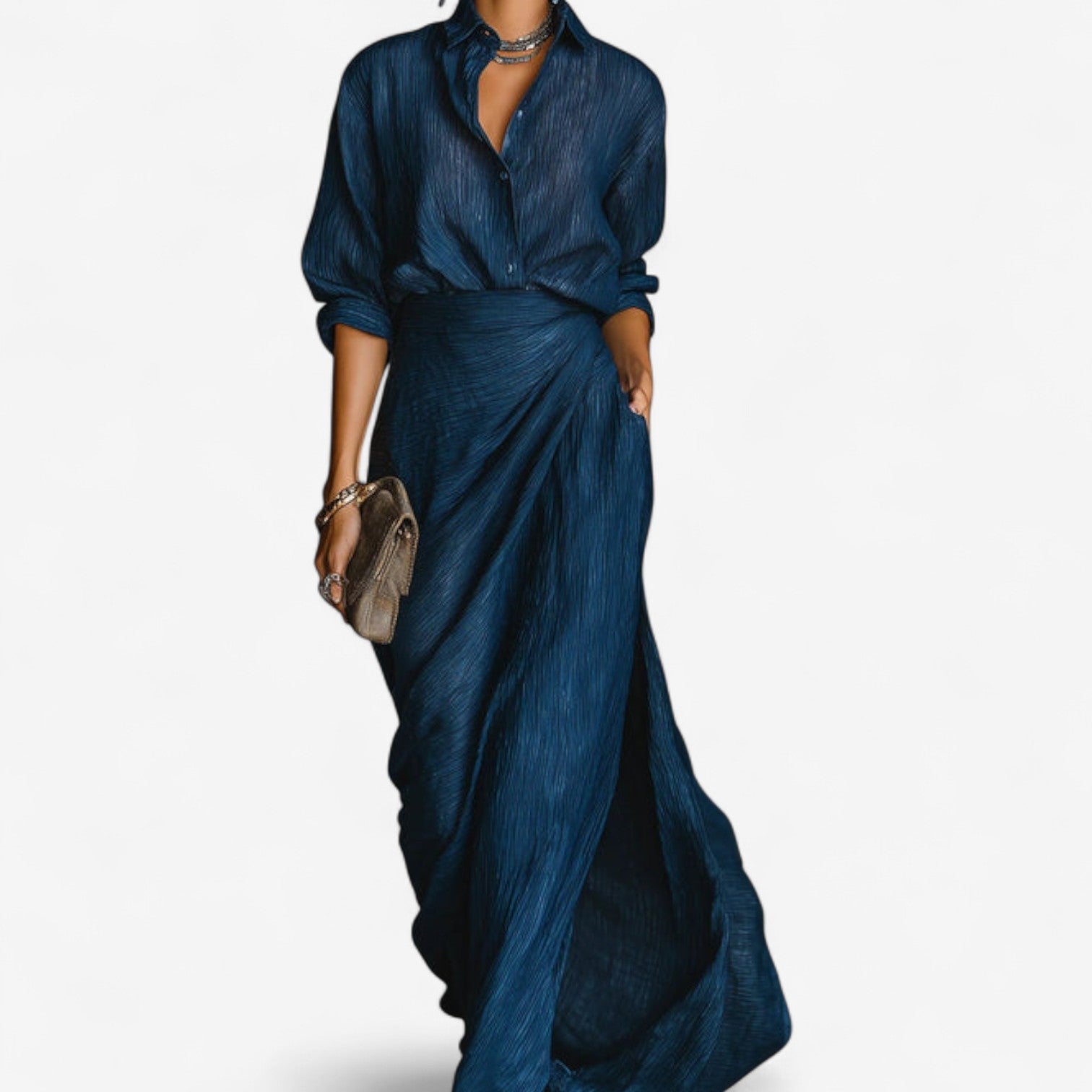 Women Elegant Button Front Long Sleeve Formal Maxi Dress - Image 4