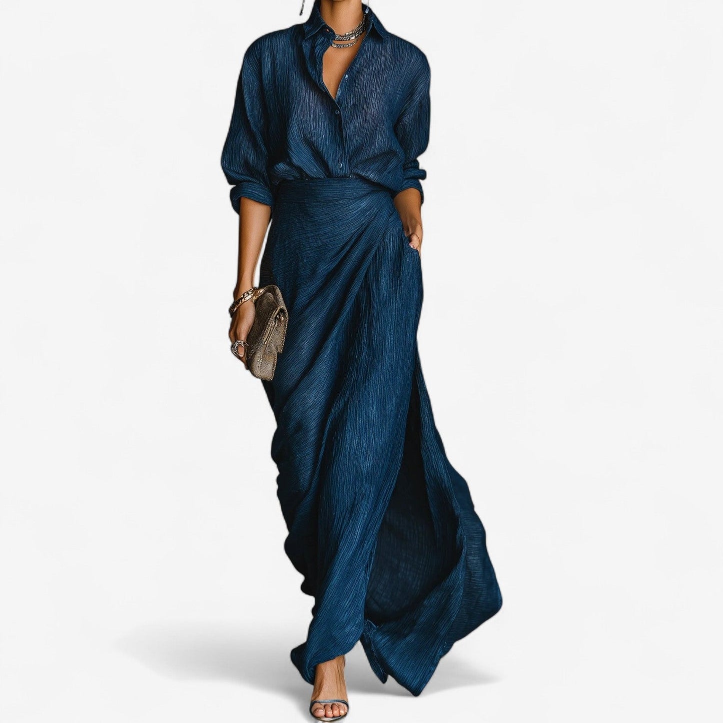 Women Elegant Button Front Long Sleeve Formal Maxi Dress