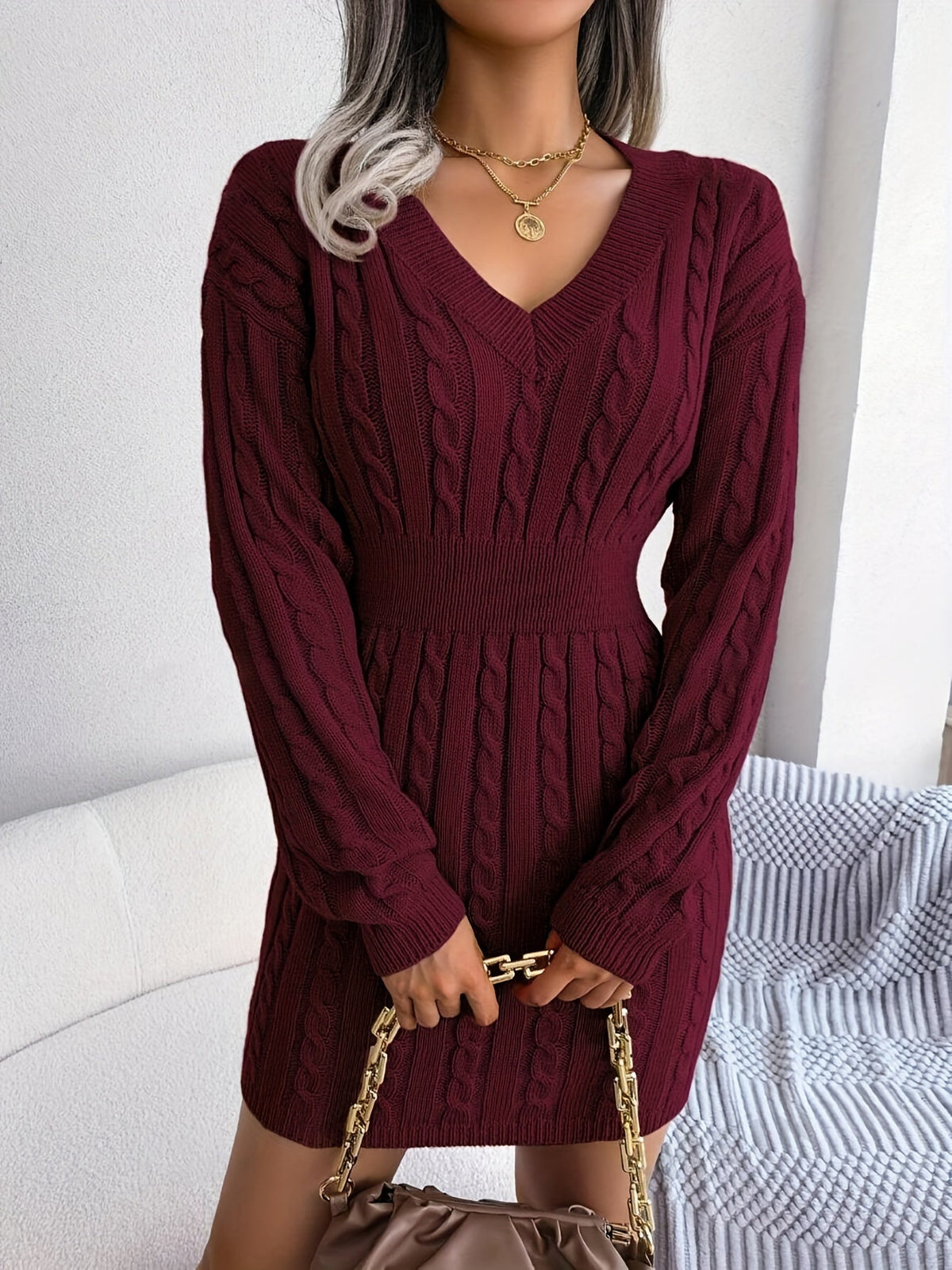 Women Cable Knit Sweater Dress - Image 2