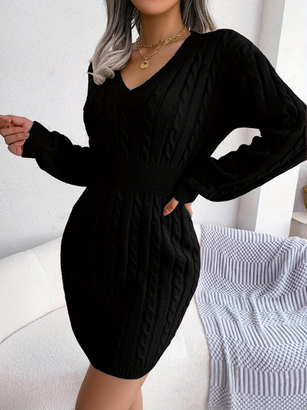 Women Cable Knit Sweater Dress - Image 9