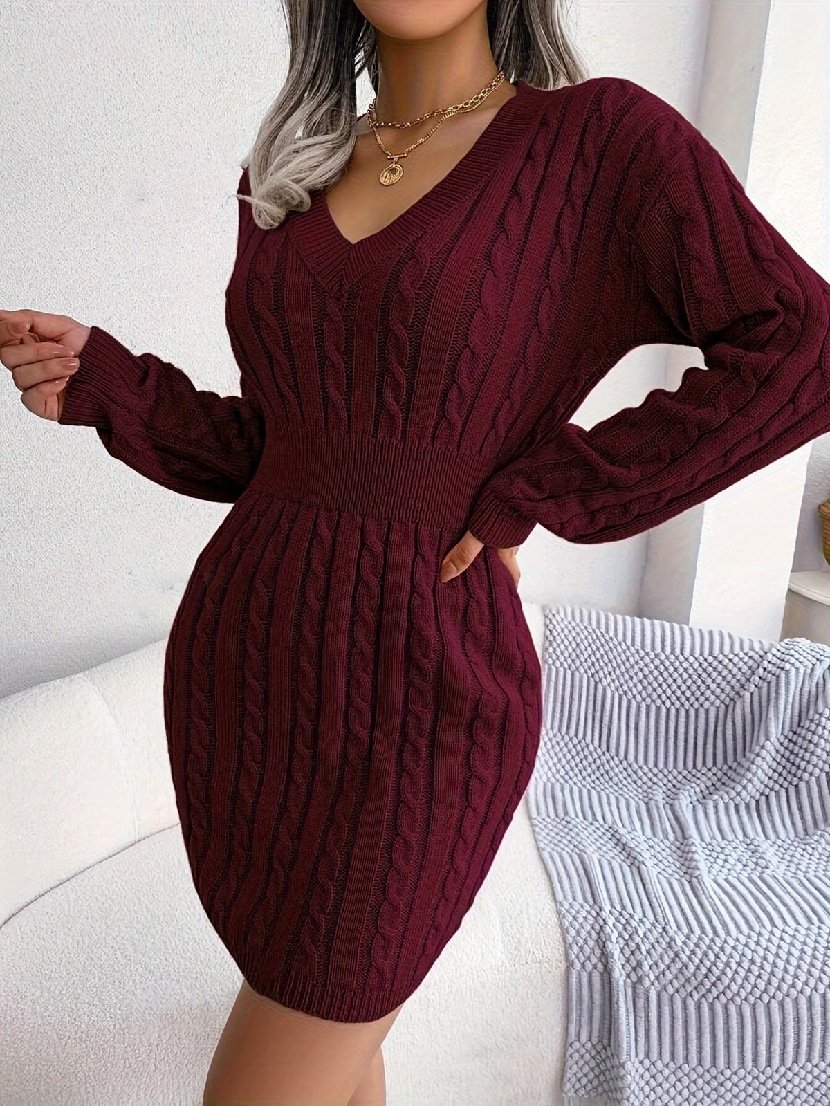 Women Cable Knit Sweater Dress - Image 4