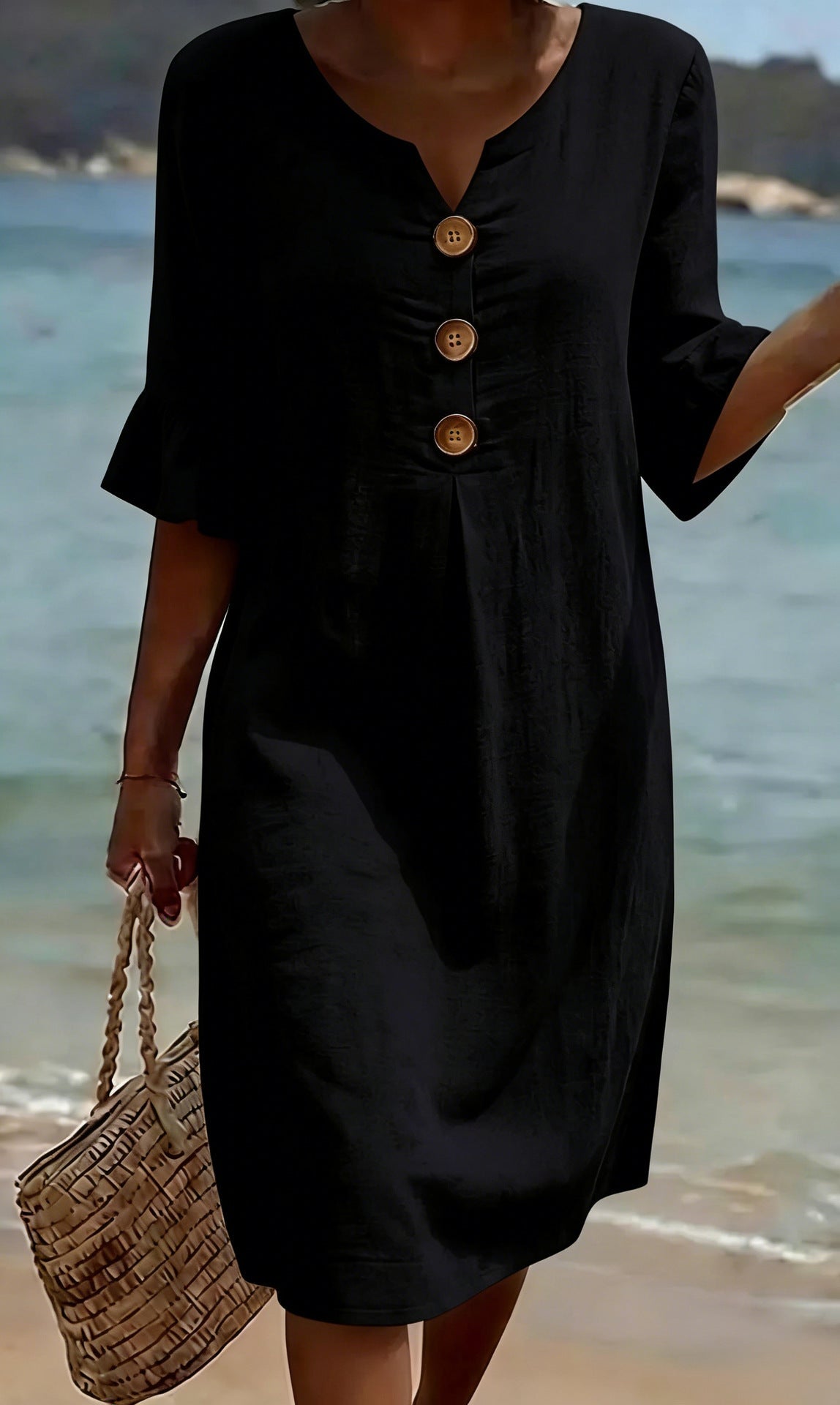 Women's Linen Blend Midi Dress Loose Button Front Summer - Image 2