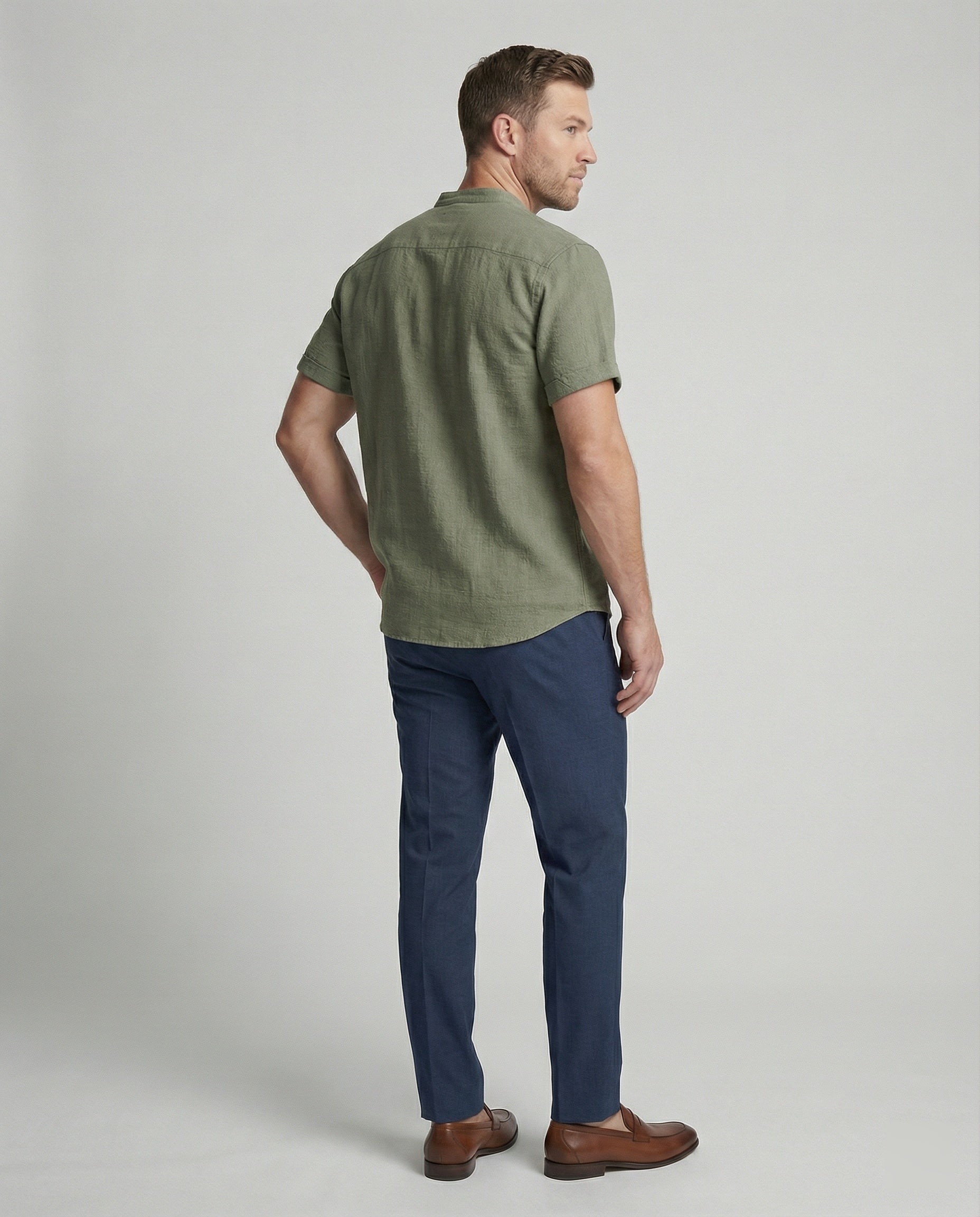 Men's Linen Short Sleeve Mandarin Collar Shirt - Image 3