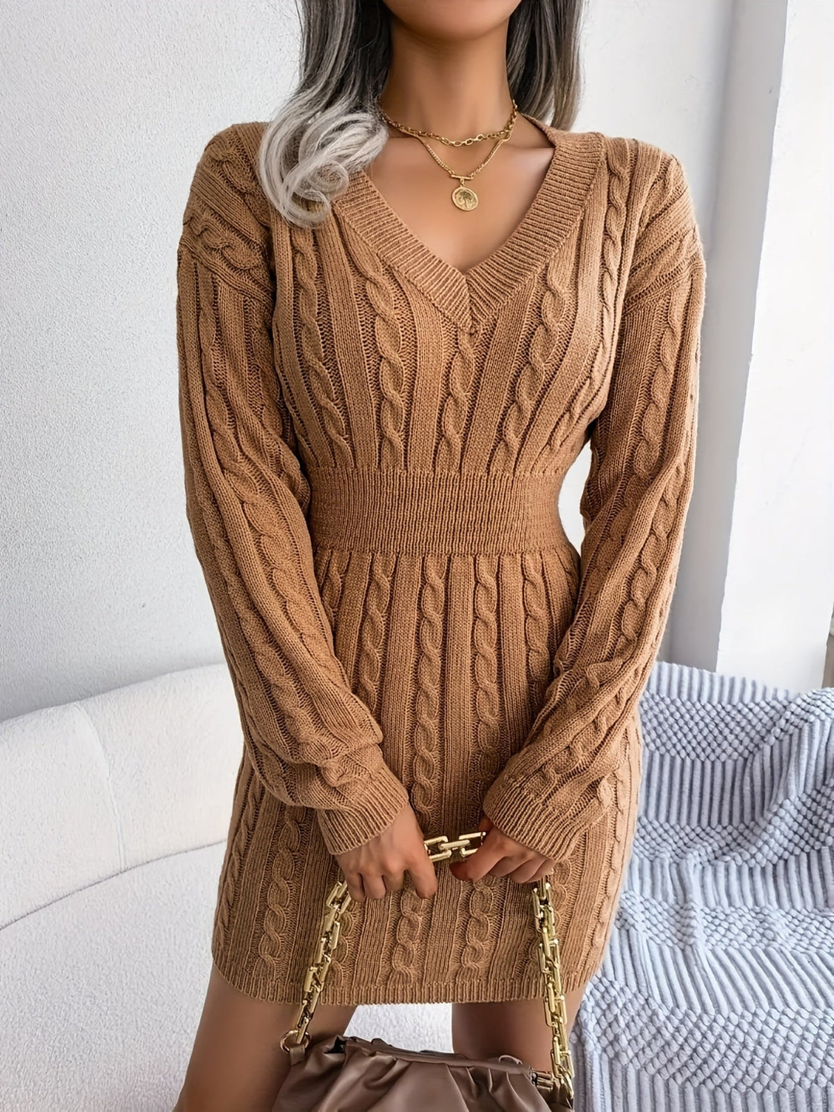 Women Cable Knit Sweater Dress - Image 14