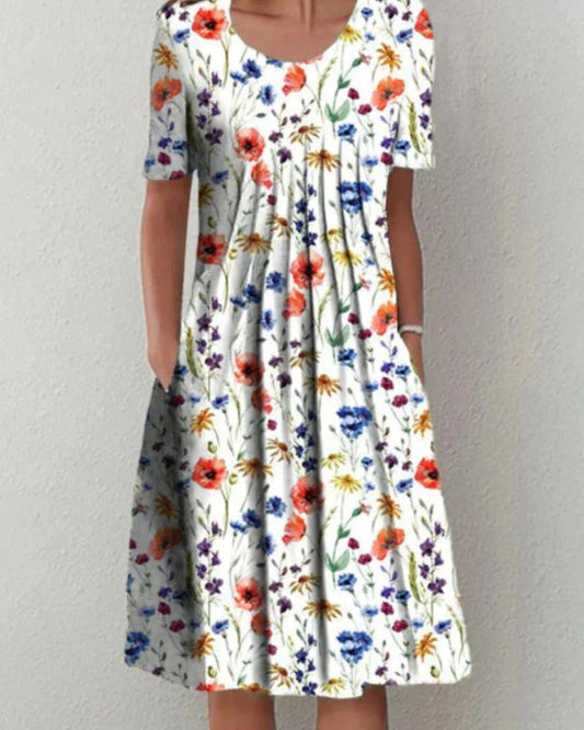 Florienna - Womens Floral Short Sleeve Midi Summer Dress With Pockets