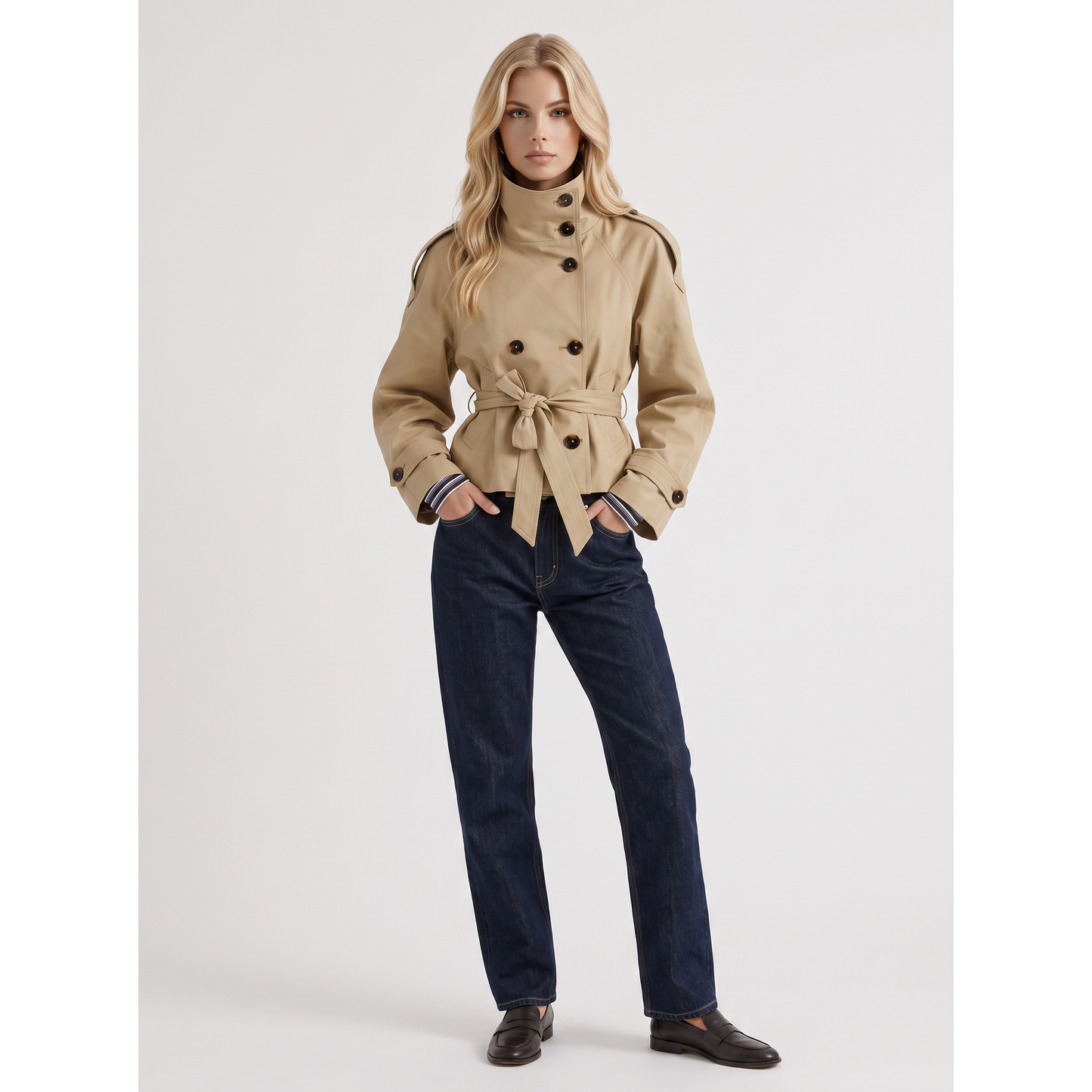 Women's Beige Double-Breasted Cropped Trench Coat Belt