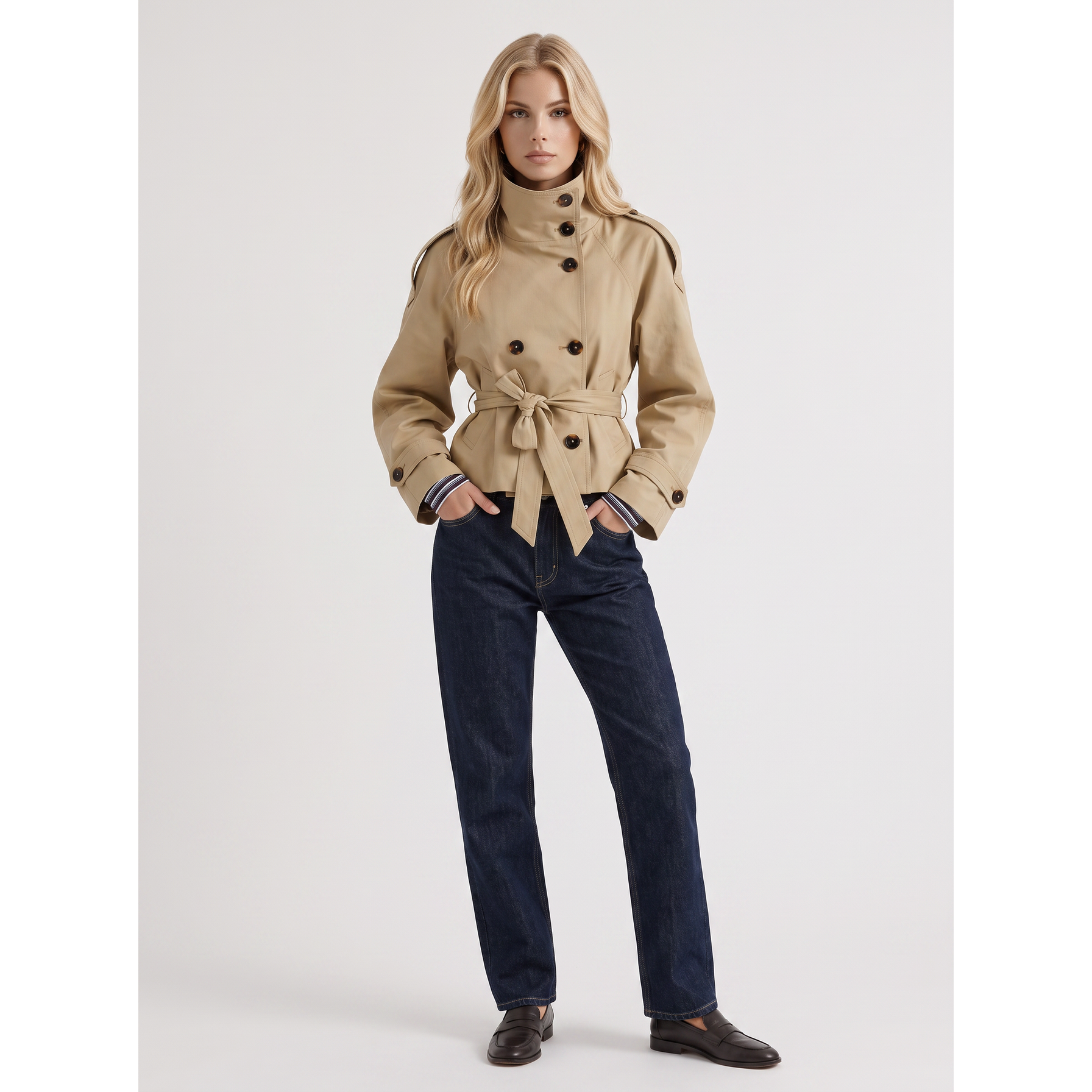 Women's Beige Double-Breasted Cropped Trench Coat Belt