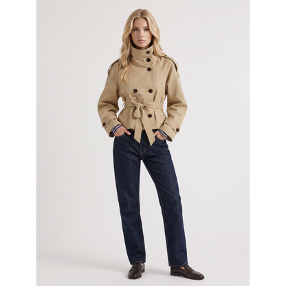 Women's Beige Double-Breasted Cropped Trench Coat Belt