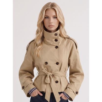 Women's Beige Double-Breasted Cropped Trench Coat Belt - Image 2