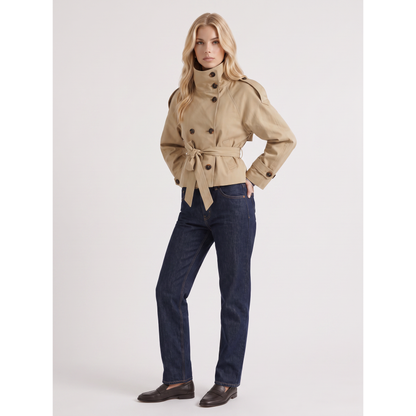 Women's Beige Double-Breasted Cropped Trench Coat Belt - Image 3