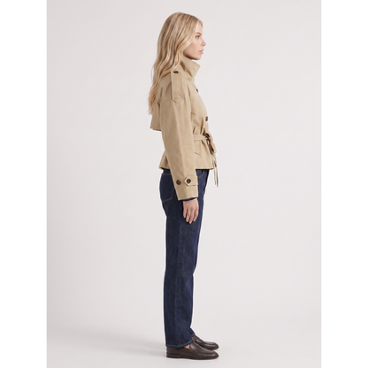 Women's Beige Double-Breasted Cropped Trench Coat Belt - Image 4
