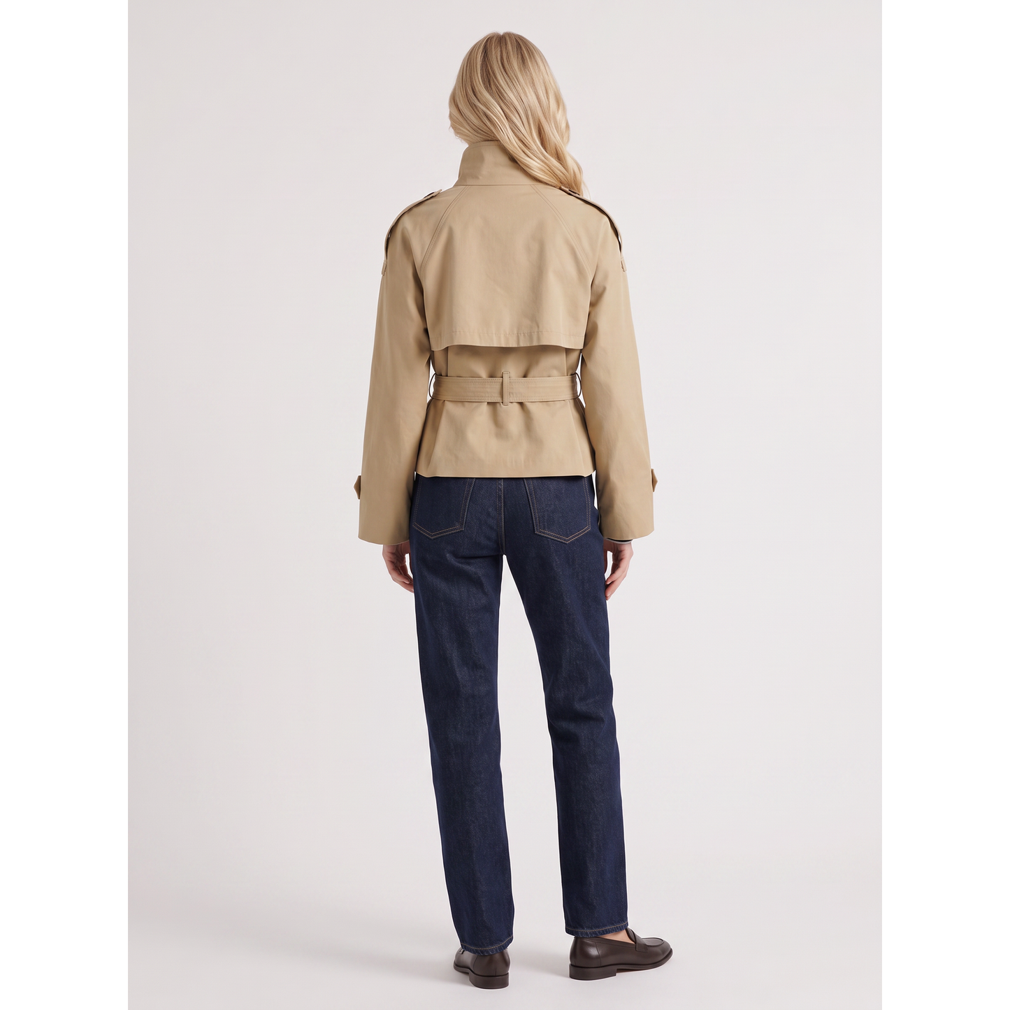Women's Beige Double-Breasted Cropped Trench Coat Belt - Image 5