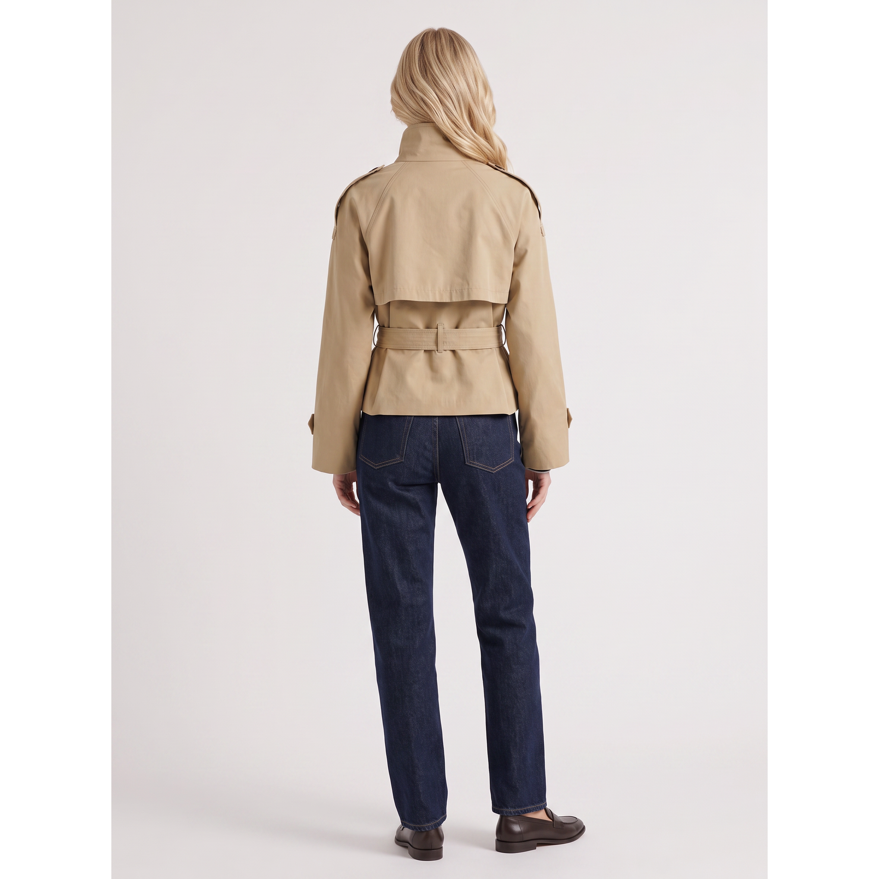 Women's Beige Double-Breasted Cropped Trench Coat Belt - Image 5