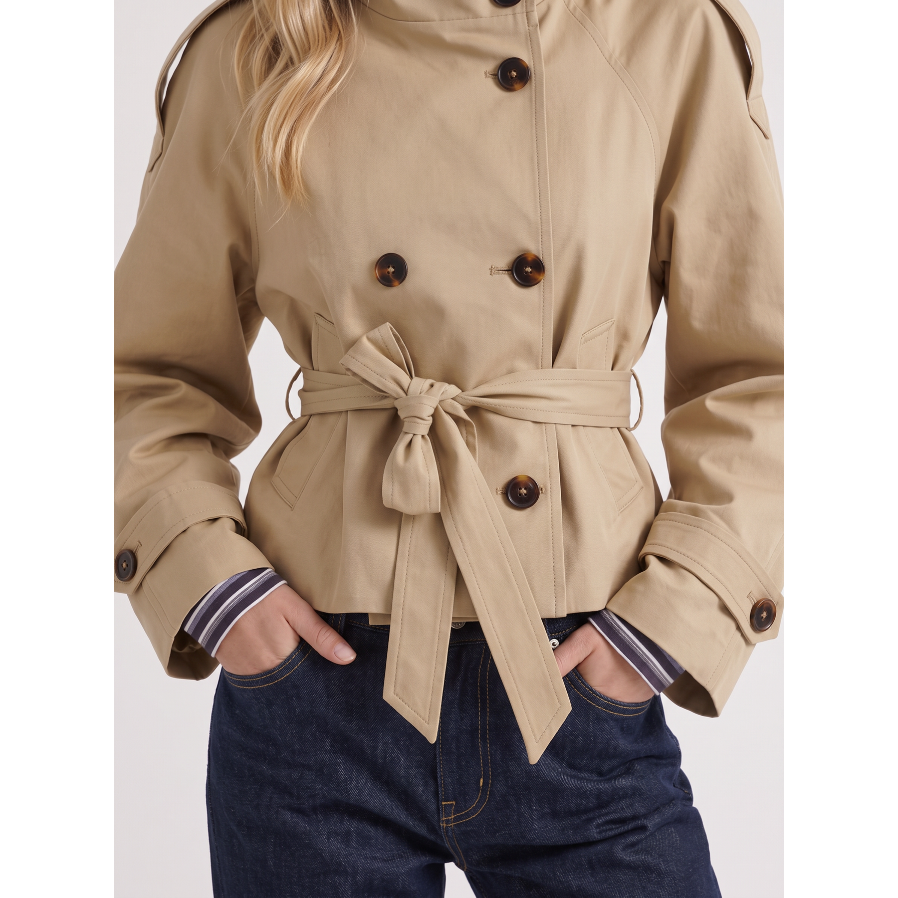 Women's Beige Double-Breasted Cropped Trench Coat Belt - Image 6
