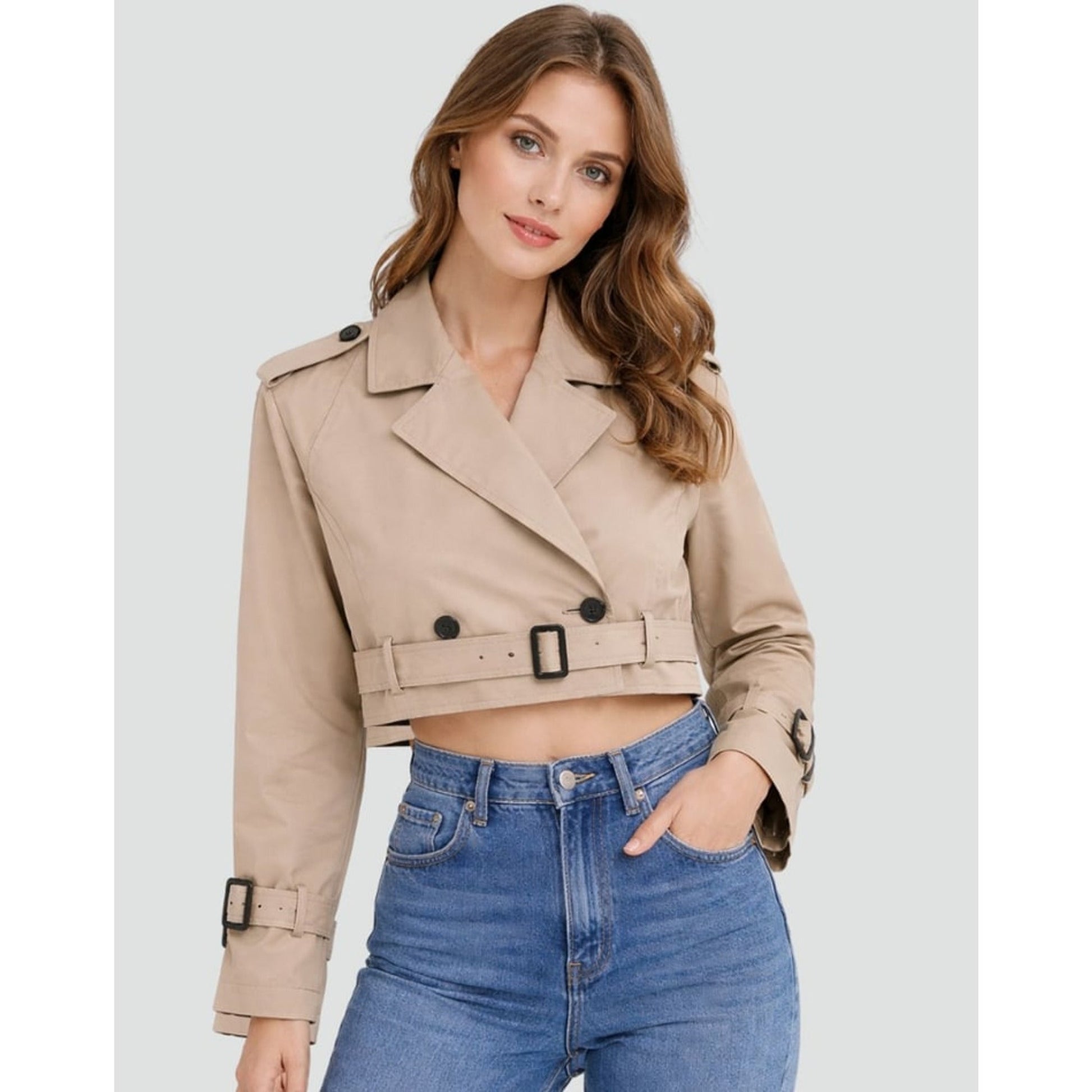Women Cropped Trench Coat Double Breasted Belted