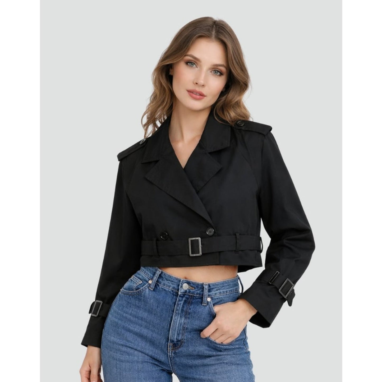 Women Cropped Trench Coat Double Breasted Belted - Image 10