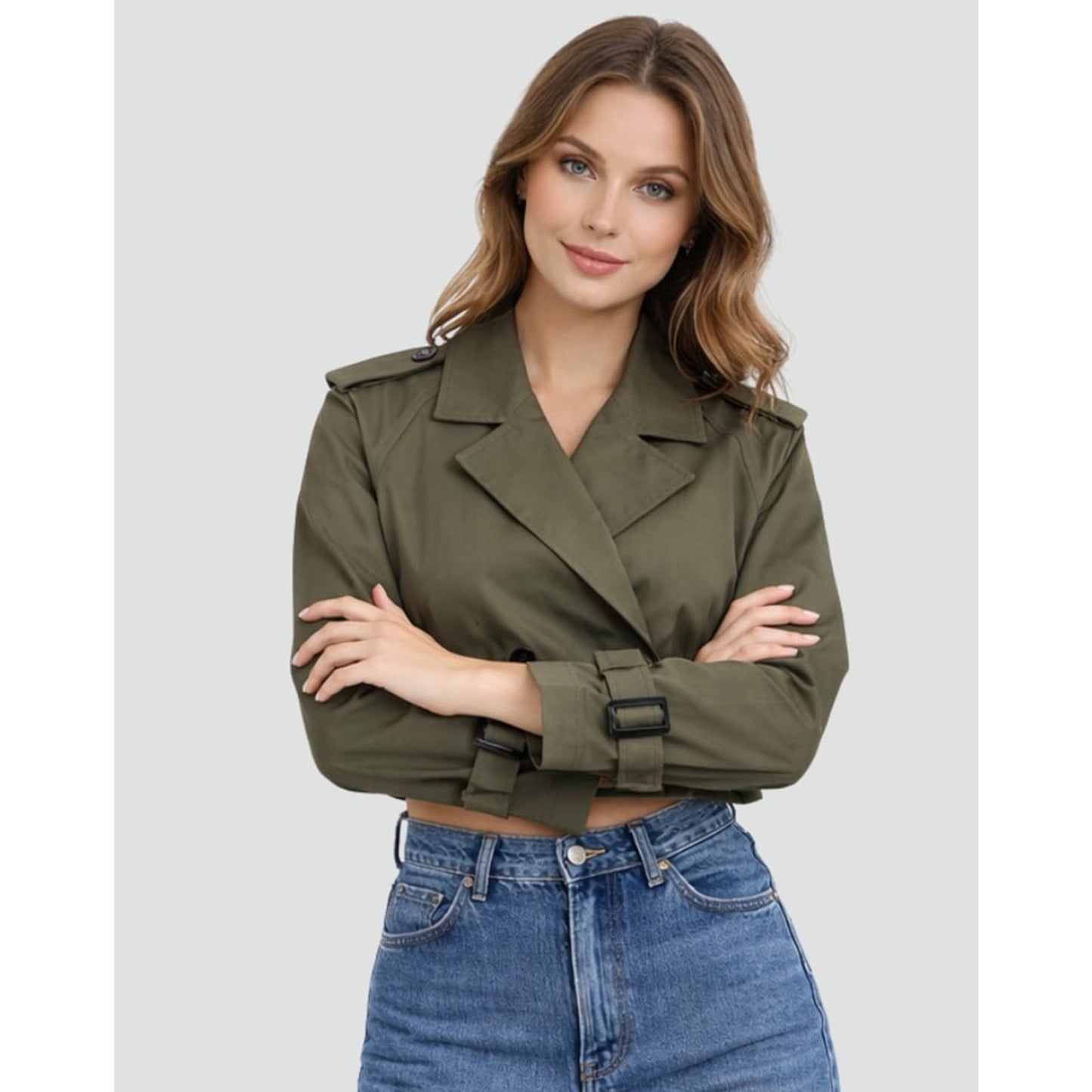 Women Cropped Trench Coat Double Breasted Belted - Image 2