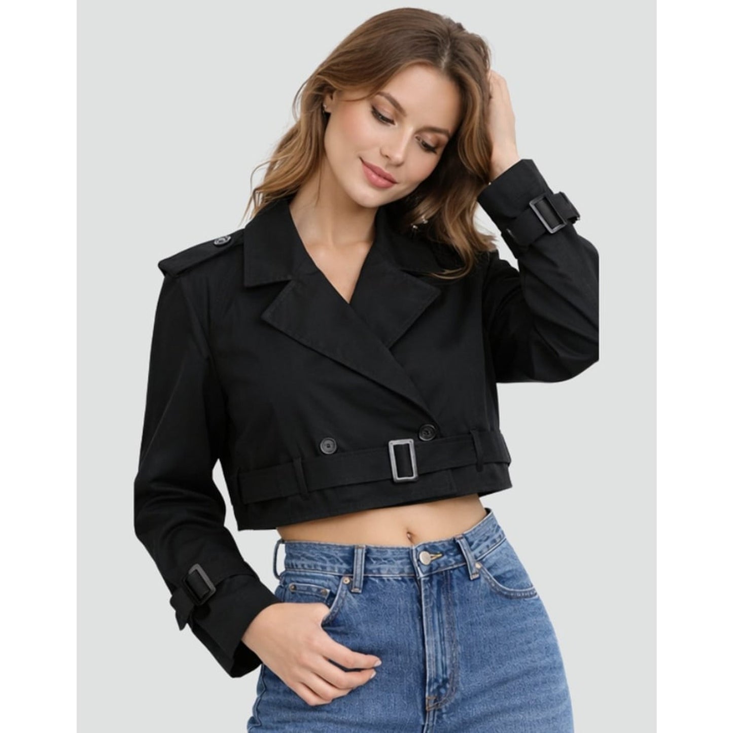 Women Cropped Trench Coat Double Breasted Belted - Image 3