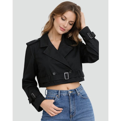 Women Cropped Trench Coat Double Breasted Belted - Image 3