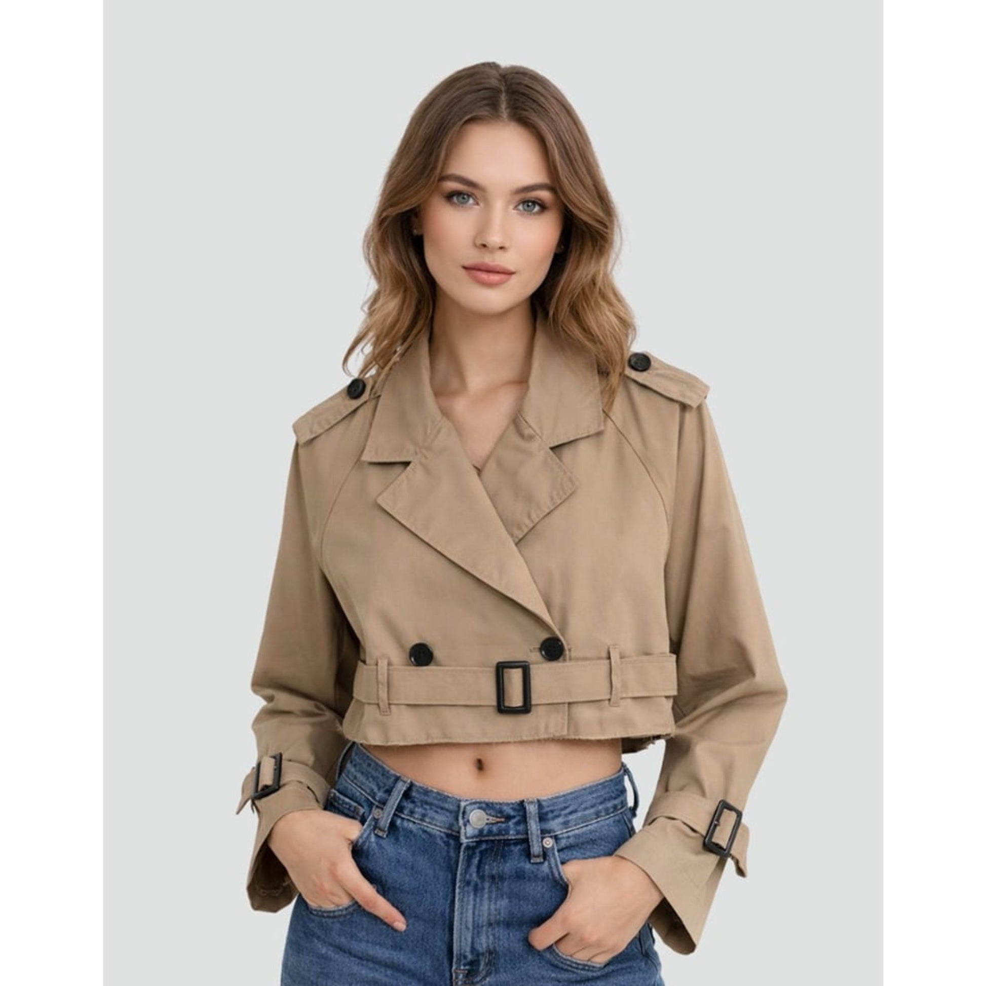 Women Cropped Trench Coat Double Breasted Belted - Image 4