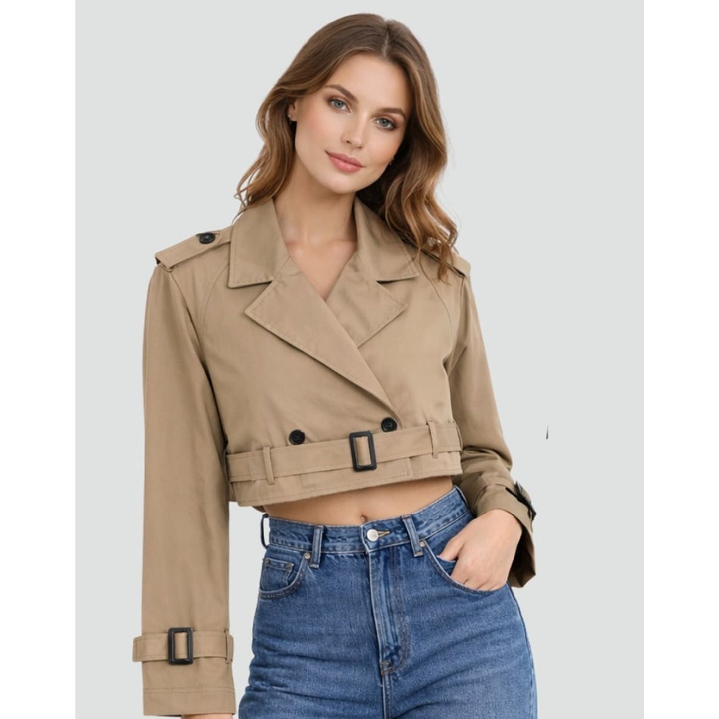 Women Cropped Trench Coat Double Breasted Belted - Image 6