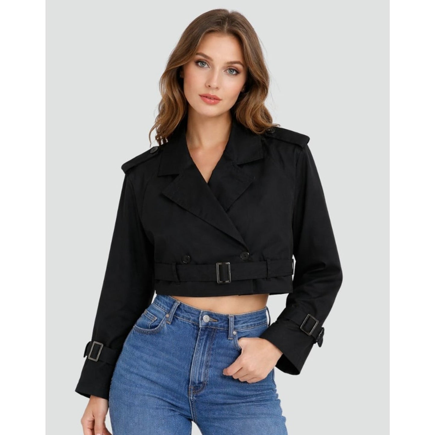 Women Cropped Trench Coat Double Breasted Belted - Image 9