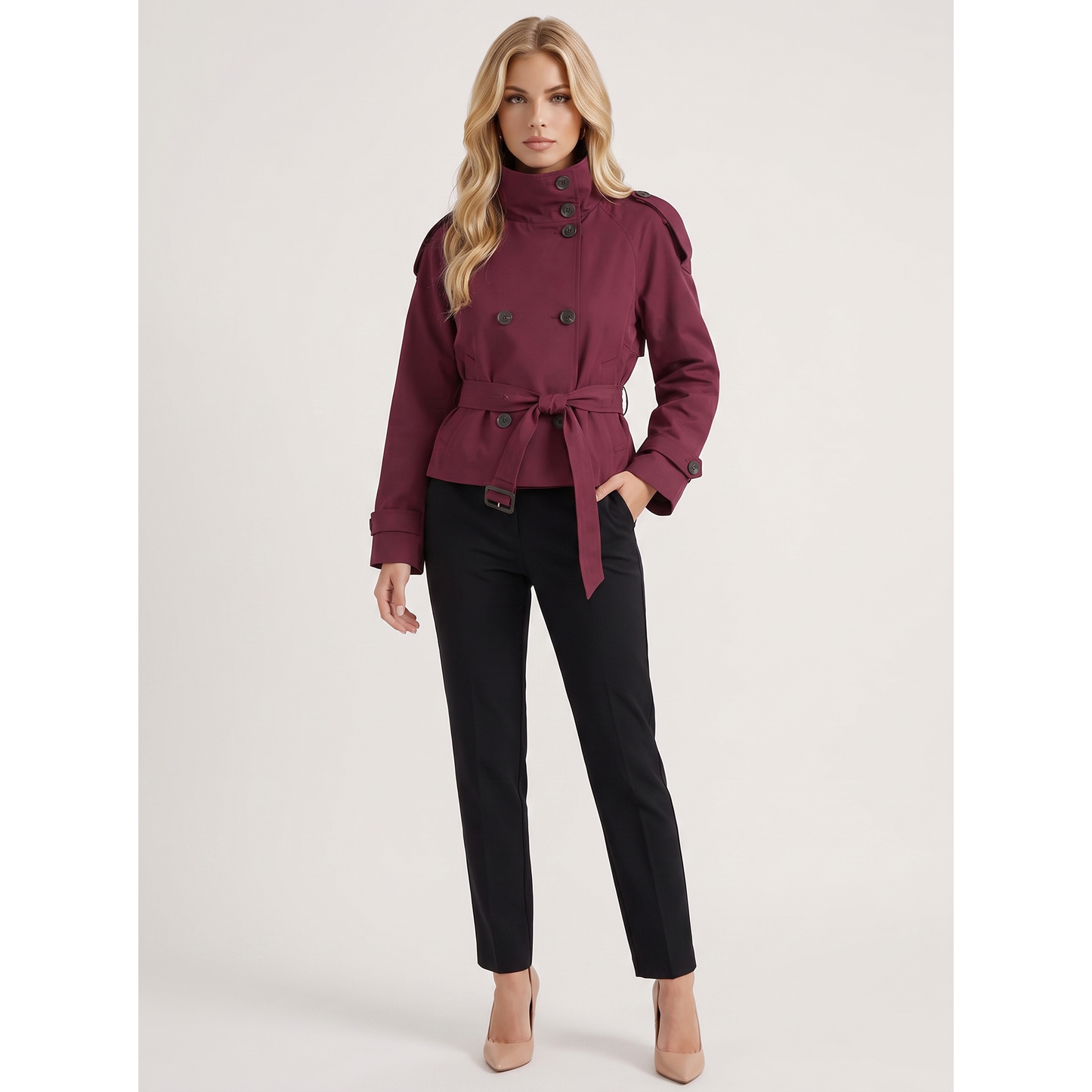 Women Burgundy Cropped Double-Breasted Trench Coat Belted